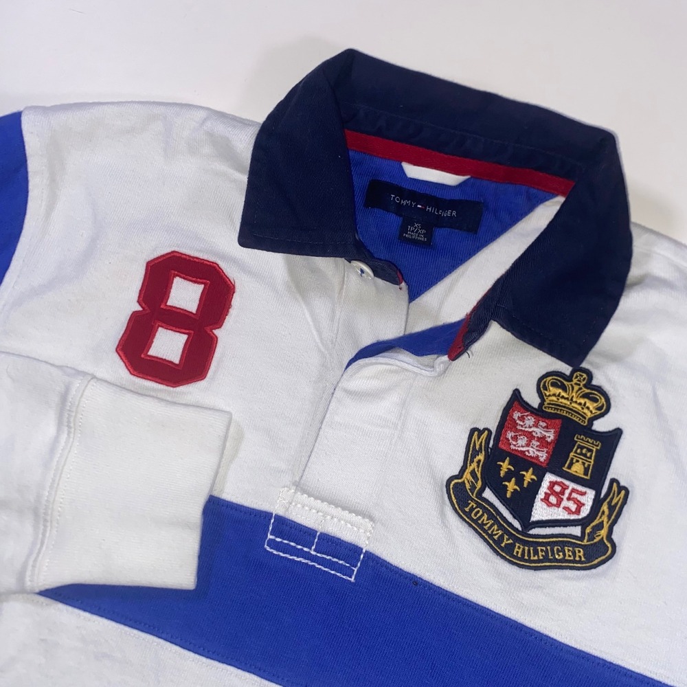 Tommy Hilfiger Mens XS Rugby Shirt Blue White Colorblock Crest Number 8 Long Slv